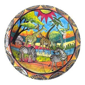 Handmade & Painted Penzo Zimbabwe Safari Elephant Zebra Ceramic Bowl 10" African